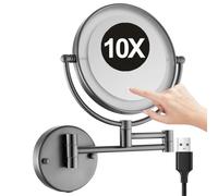 Specchio da Trucco da Parete Illuminato A Doppia Faccia da 8 Pollici con Touch Screen Dimmerabile Girevole In Ottone Ingrandimento 10X LED per Bagno E Hotel Grigio Canna Di Fucile USB