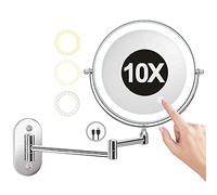 Specchio da Trucco da Parete Ricaricabile con 3 Luci Colorate Touch Screen Dimmerabile Ingrandimento Bifacciale da 8 Pollici E Rotazione 360° Estensibile Argento 10X