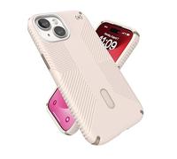 Speck Presidio2 Grip - Funda para iPhone 15, 14, 13, Carga inalámbrica MagSafe, protección contra caídas y de cámara, ClickLock, Antideslizante, Blanco Roto (“Bleach Bone”)/Dorado/marrón