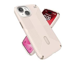 Speck Presidio2 Grip - Funda para iPhone 15, 14, 13, Carga inalámbrica MagSafe, protección contra caídas y de cámara, ClickLock, Antideslizante, Blanco Roto (“Bleach Bone”)/Dorado/marrón