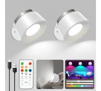 Speclux Lámpara de pared LED Inalámbrica 2 Piezas, Lámpara de pared con batería para interior, control remoto, 3 niveles de brillo y 13 RGB, magnetismo giratorio 360°, para salón, dormitorio