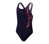 Speedo Bañador Hyperboom Splice Muscleback, Entrenamiento de natación, Resistente al Cloro Traje de baño para Niñas, Azul Marino/Rosa eléctrico/Rosa Fandango, 7-8 años