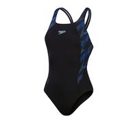 Speedo Women's HyperBoom Splice Muscleback Swimsuit | Classic Design | Quick Drying | Training | Fitness | Chlorine Resistant, Black/True Cobalt/Curious Blue, 28