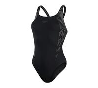 Speedo Women's HyperBoom Splice Muscleback Swimsuit | Classic Design | Quick Drying | Training | Fitness | Chlorine Resistant, Black/Oxid Grey/USA Charcoal, 28