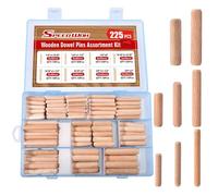 SPEEDWOX 225 pasadores de madera estriados, 8 tamaños, 1/4, 5/16, 3/8 pulgadas, varillas pequeñas de madera estriada, clavijas de madera dura para muebles, carpintería, manualidades, con caja de