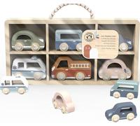 Speedy Monkey Juego de 6 Coches con Caja de 29,6 x 3,5 x 16 cm, Multicolor, Juguete de Madera para niños, Detalles encantadores, Gran Idea de Regalo