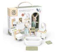 Speedy Monkey Juego de casa de muñecas con conejo, juego de muebles de baño de madera en miniatura con bañera, fregadero, báscula, inodoro y espejo, accesorios de casa de muñecas para niños, niños
