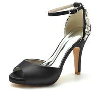 Speesy Zapatos Novia con Punta Abierta de Satén Zapatos Mujer Tacon Correa de Tobillo Zapatos de Boda Zapatos Boda,Negro,42 EU