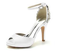 Speesy Zapatos Novia con Punta Abierta de Satén Zapatos Mujer Tacon Correa de Tobillo Zapatos de Boda Zapatos Boda,Blanco,37 EU
