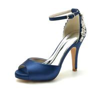 Speesy Zapatos Novia con Punta Abierta de Satén Zapatos Mujer Tacon Correa de Tobillo Zapatos de Boda Zapatos Boda,Dark Blue,38 EU