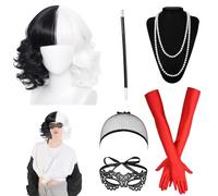 SPERMUOY Cruella Disfraz de mujer, peluca de Cruella, mitad negra, mitad blanca, peluca corta y rizada y gorra de peluca, peluca cruella negra y blanca para fiesta de disfraces, Halloween, carnaval
