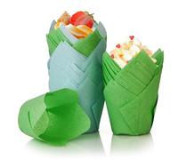 Spesh 100 Piezas Moldes Magdalenas Papel Moldes Papel en Forma de Tulipán para Cupcakes, Vasos Desechables para Magdalenas, Cumpleaños, Fiestas de Pascua, Reuniones Familiares (Azul y Verde)