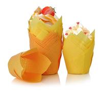 Spesh 100 Piezas Moldes Magdalenas Papel Moldes Papel en Forma de Tulipán para Cupcakes, Vasos Desechables para Magdalenas, Cumpleaños, Fiestas de Pascua, Reuniones Familiares (Naranja+Amarillo)