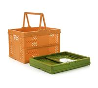 Spesh 2 Cajas de Almacenamiento Plegables 24 x 18 cm Mini Cestas Plegables para Niños con Asas Pequeñas Cajas de Plástico para Picnic, Compras, Campamento (Naranja y Verde)