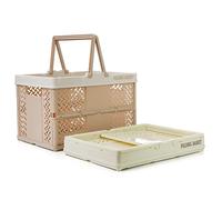 Spesh 2 Cajas de Almacenamiento Plegables 31x22 cm Mini Cestas Plegables para Niños con Asas Pequeñas Cajas de Plástico para Picnic, Compras, Campamento (Beige + Rosa Claro)