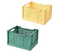 Spesh 2 cajas de almacenamiento plegables, cajas de almacenamiento de plástico, apilables y plegables para cocina, sala de estar, dormitorio (verde oscuro+amarillo)