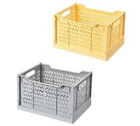 Spesh 2 cajas de almacenamiento plegables grandes, cestas de almacenamiento apilables de plástico, cajas plegables para cocina, sala de estar, dormitorio (gris + amarillo)