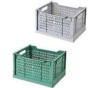 Spesh Caja plegable, 2 unidades, cesta plegable grande, 38,5 x 28,5 x 23 cm, cesta de almacenamiento plegable de plástico, cajas de almacenamiento grandes (verde oscuro y gris)