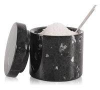 SPESHSTONES Bodega de sal de mármol con tapa y cuchara, recipientes pequeños de condimentos hechos a mano de 3 pulgadas, tarros decorativos para especias, azucarero y salero escamoso para