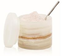 SPESHSTONES Bodega de sal de mármol de 3 pulgadas, hecho a mano, ónix crema, contenedor de sal de 5.2 onzas para encimera, azucarero con tapa y cuchara, soporte de sal de piedra, recipientes de