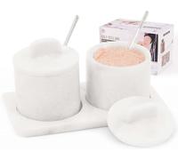 SPESHSTONES Juego de 2 botes de sal de mármol con bandeja, color blanco, 10,16 cm y azucarero con tapa, para decoración y accesorios de cocina, pequeño juego de 2 recipientes de sal de