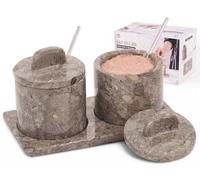 SPESHSTONES Oceanic - Juego de 2 saleros de mármol con bandeja, soporte para sal de 4 pulgadas y azucarero con tapa para decoración de cocina y accesorios, juego pequeño de 2 recipientes de sal de