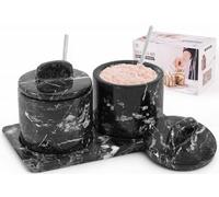 SPESHSTONES Salero de mármol con tapa y bandeja, 10 cm, color negro, decoración para mesa de comedor, juego de 2 botes de condimentos, tarros de especias y azucarero para encimera