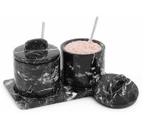 SPESHSTONES Salero de mármol con tapa y bandeja, caja de sal negra de 4 pulgadas para decoración de mesa de comedor, juego de 2 recipientes de condimentos, tarros de especias y azucarero con cuchara