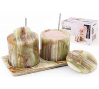 SPESHSTONES Salero de mármol con tapa y bandeja, caja de sal verde de 4 pulgadas para decoración de mesa de comedor, juego de 2 recipientes de condimentos, tarros de especias y azucarero con cuchara