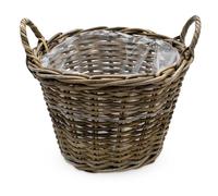 Spetebo Cesta para plantas de ratán natural con lámina - 35 cm - Cesta de mimbre redonda con asas, decoración de jardín