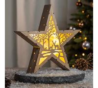 Spetebo Estrella de Navidad LED de madera, 30 cm, diseño de bosque, decoración con luz blanca cálida, para Navidad, Adviento, invierno, estrella, decoración, iluminación, funciona con pilas