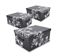 Spetebo Juego de 3 cajas de almacenamiento con tapa 51 x 37 cm - Negro con estampado de flores - Caja apilable de cartón con asas 45 L - Caja organizadora de almacenamiento multiusos para juguetes