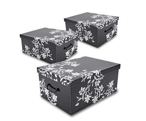 Spetebo Juego de 3 cajas de almacenamiento con tapa 51 x 37 cm - Negro con estampado de flores - Caja apilable de cartón con asas 45 L - Caja organizadora de almacenamiento multiusos para juguetes