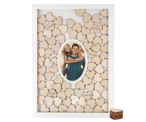 Spetebo Libro de visitas de boda con marco de fotos y 72 corazones de madera en los que escribir