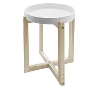Spetebo Mesa auxiliar redonda de madera con tablero de mesa en diseño de bandeja, 30 cm, color blanco, mesa de flores decorativa con estructura en X natural, mesa de café, mesa decorativa, taburete