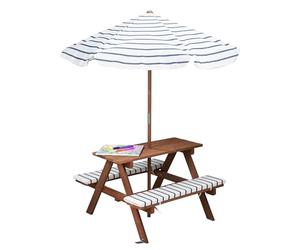 Spetebo Mesa de picnic de madera a partir de 2 años con sombrilla y acolchado, 75 x 75 cm, juego de sillas de jardín para niños, soporta hasta 80 kg, de madera, muebles de jardín para niños