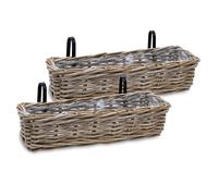 Spetebo Set de 2 maceteros de ratán natural para balcón 60 x 20 cm - Cesta de mimbre con soporte - Macetero para colgar en barandillas de balcón, jardín, macetero para flores