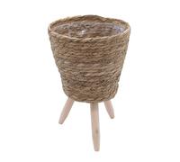 Spetebo Soporte para flores de paja interior con lámina - 40 x 26 cm - Soporte para plantas de ratán con 3 patas de madera - Maceta decorativa con patas para plantas de interior, 91855