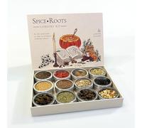 Spiceroots Comfort Kit. Caja de regalo con 12 especias aromáticas Comfort. 4 recetas. Tarros de especias. Papel PaperWise. Ilustraciones dibujadas a mano.