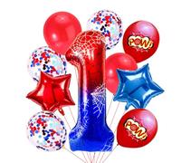 Spider Globos de Infantiles, 10 Piezas Kit de Cumpleaños de Globos con Tema de Telaraña, Globo Rojos y Azules, Estrellas Redondos Números Balloons para Niños Decoración de Fiesta Temática (1 An)