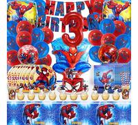 Spiderma 3 Ans Decoration Anniversaire Cumpleaños Spiderma, 110PCS kit 3 años Globos Cumpleaños, Vajilla infantil, Platos, Tazas, Mantel, Servilletas