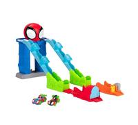 Spidey and his Amazing Friends Spidey's Mega Jump HQ Track - Pista de Carreras Dual de 39 Pulgadas con Elevador, Centro de Control, túneles Web y Dos vehículos exclusivos de Metales increíbles