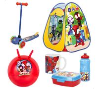 Spidey pack patinete + tienda pop up + pelota saltarina + set desayuno con taza, fiambrera y botella