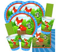 spielum Juego de 68 piezas para fiesta de pequeño zorro, platos, vasos, servilletas, pajitas, para 16 niños