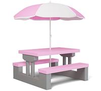 Spielwerk® Juego Mesa y Bancos Infantil Sombrilla Protección UV 4 Niños Intemperie Set Picnic Jardín