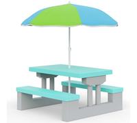 Spielwerk® Juego Mesa y Bancos Infantil Sombrilla Protección UV 4 Niños Intemperie Set Picnic Jardín