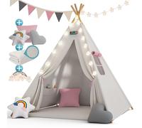 Spielwerk® Tipi Infantil Tienda de Campaña Niñas Niños Colchoneta Beige Rosa 20 Luces Led Cojines Ventana Casita Juegos Plegable Interior Exterior Decoración Dormitorio Bolsa Transporte 130x130cm