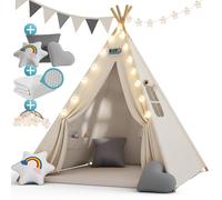 Spielwerk® Tipi Infantil Tienda de Campaña Niñas Niños Colchoneta Blanca Gris 20 Luces Led Cojines Ventana Casita Juegos Plegable Interior Exterior Decoración Dormitorio Bolsa Transporte 130x130cm