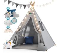 Spielwerk® Tipi Infantil Tienda de Campaña Niñas Niños Colchoneta Gris Azul 20 Luces Led Cojines Ventana Casita Juegos Plegable Interior Exterior Decoración Dormitorio Salón Bolsa Transporte 130x130cm
