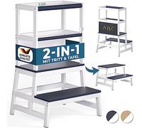 SPIELWERK® Torre de Aprendizaje Montessori Niños Pizarra desde 2 años 100Kg Taburete Infantil 93cm Antivuelco Madera Pino Ayudante Cocina Gris